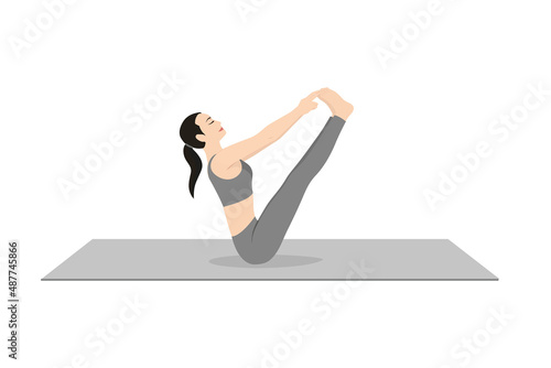Complete Boat Pose, Naukasana, Navasana. Beautiful girl practice Paripurna Navasana. Young attractive woman practicing yoga exercise. working out, black wearing sportswear, grey pants and top, indoor
