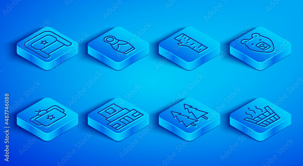 Set line Ushanka, Russian doll matryoshka, Birch tree, Mausoleum of Lenin, Christmas, Bear head, and Sauna bucket icon. Vector Set line Ushanka, Russian doll matryoshka, Birch tree, Mausoleum of Lenin, Christmas, Bear head, and Sauna bucket icon. Vector