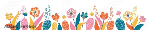 Large floral banner with different bright flowers. Rich flowery meadow. Design elements for decoration. Vector