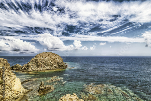 Rocky Coastline and Cliffs, Island of Isleta del Moro, Cabo de Gata-Níjar Natural Park, UNESCO Biosphere Reserve, Hot Desert Climate Region, Almería, Andalucía, Spain, Europe