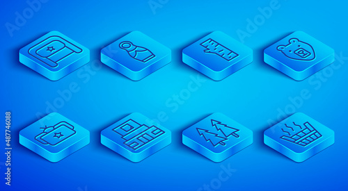 Set line Ushanka, Russian doll matryoshka, Birch tree, Mausoleum of Lenin, Christmas, Bear head, and Sauna bucket icon. Vector