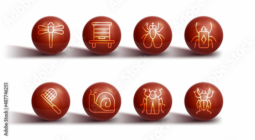 Set line Dragonfly, Butterfly net, Beetle bug, Snail, Hive for bees, deer and Insect icon. Vector