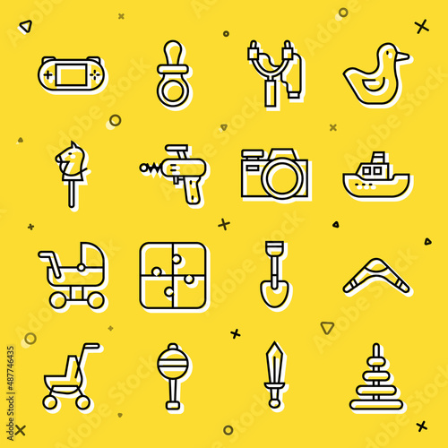 Set line Pyramid toy, Boomerang, Toy boat, Slingshot, Ray gun, horse, Portable video game console and Photo camera icon. Vector