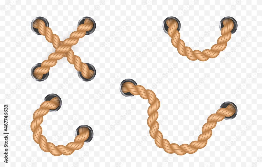 Vector set of nautical rope png. Nautical rope, whip on an isolated  transparent background. Straight or twisted rope PNG. Decorative element.  Stock Vector