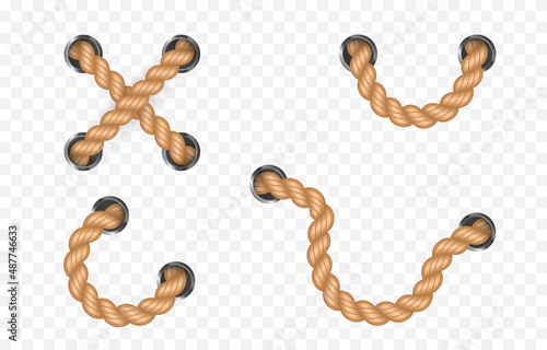Vector set of nautical rope png. Nautical rope, whip on an isolated transparent background. Straight or twisted rope PNG. Decorative element.