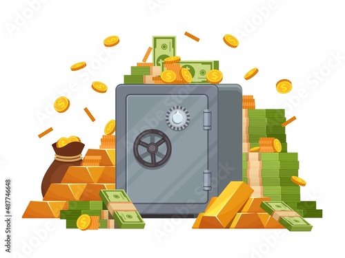 Bank safe with dollar bills, golden coins and bars. Money safety deposit box with lock. Finance savings and cash protection vector concept