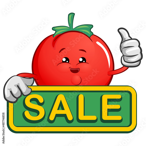 vector illustration of a tomato mascot giving a thumbs up over a board that says sale