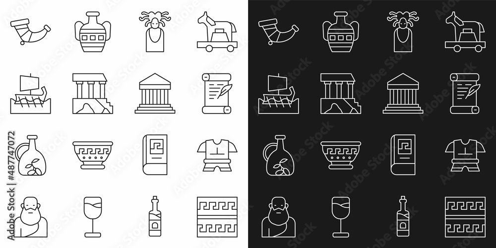 Set line Ancient Greek pattern, Body armor, Decree, parchment, scroll, Medusa Gorgon, Parthenon, trireme, Hunting horn and icon. Vector