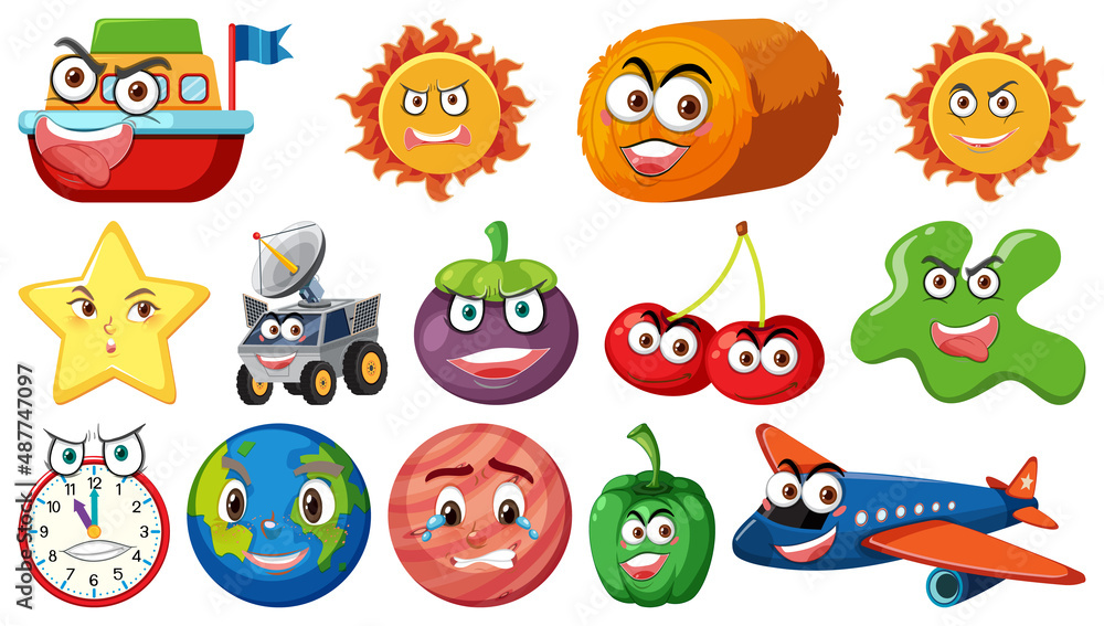 Set of different toy objects with smiley faces Set of different toy objects with smiley faces