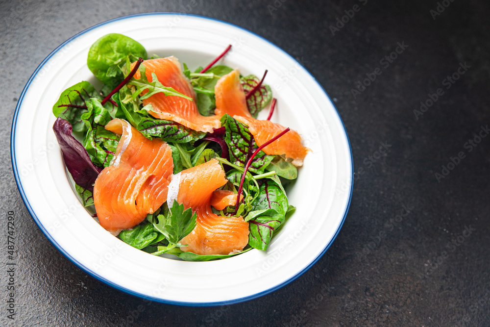 salmon salad boiled egg, green leaves lettuce fresh meal food diet snack on the table copy space food background salmon salad boiled egg, green leaves lettuce fresh meal food diet snack on the table copy space food background