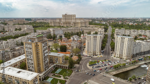 Aerial view at Bucharest on a cloudy calm day photo