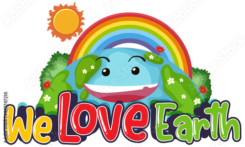We love earth typography logo with smile earth and rainbow