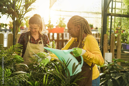 Women working inside greenhouse garden - Nursery and spring concept - Focus on African female face photo