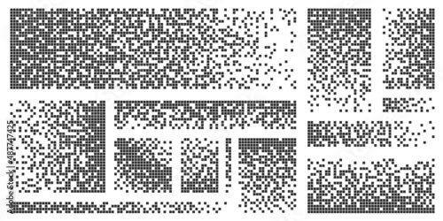 Pixel disintegration background, digital dots dissolve effect. Disappearing broken square mosaics. Data particles defragmentation vector set