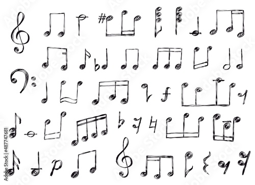 Sketch musical notes, rest, treble and bass clef. Grunge scribble music sign elements. Song or melody notation doodle note symbol vector set