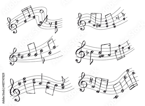 Sketch curved musical staff with notes, clefs and signs. Melody, tune or song sound waves with chords. Doodle music sheet lines vector set