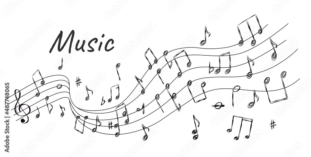 Sketch melody background with music stave wave, notes and signs. Doodle curved song line. Sound harmony. Classic music symbol vector concept