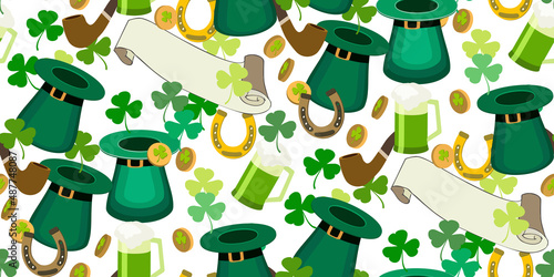 St Patrick day. Abstract seamless background with gold coins,Leprechaun hat, beer mug, shamrock, happy horseshoe on white. Irish decor for greeting card, fabric, wrapping paper, web site. Vector
