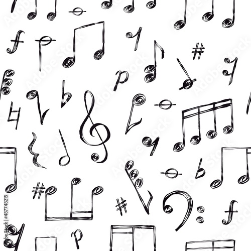 Doodle music notes, signs and clefs, melody seamless pattern. Hand drawn sketch song sound symbols wallpaper. Musical notation vector print