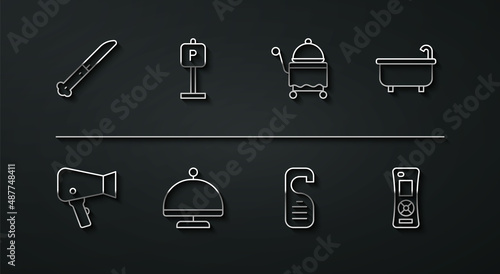 Set line Knife, Hair dryer, Bathtub, Please do not disturb, Covered with tray, Parking, Remote control and icon. Vector