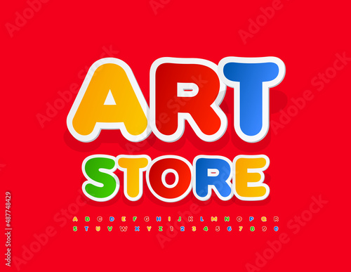 Vector colorful logo Art Store. Bright sticker Font. Creative Alphabet Letters and Numbers set