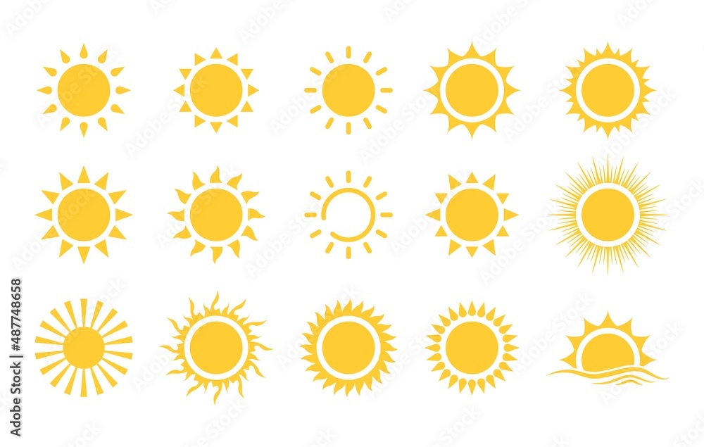 Sun icon set. Vector flat design. Collection of sun stars for use in as logo or weather icon. Yellow suns circles, bright natural lighting objects.