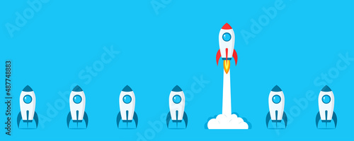 Rocket. Startup. Rocket launch. Spaceship. Launch and development of a business project. Innovative product, creative idea. Flat style. Vector illustration