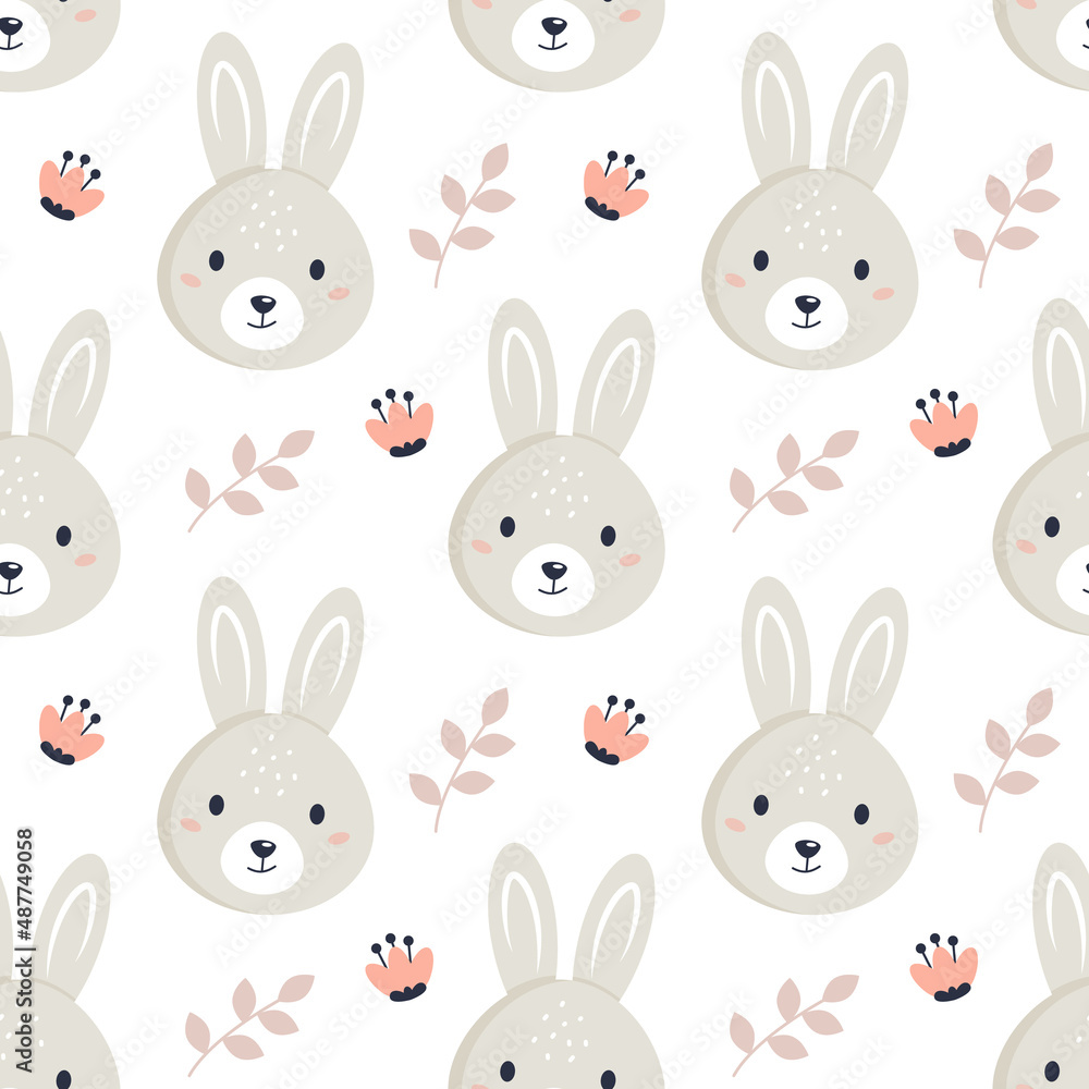 Cute cartoon rabbit with floral elements. Seamless pattern. Can be used for wallpaper, fill web page background, surface textures Cute cartoon rabbit with floral elements. Seamless pattern. Can be used for wallpaper, fill web page background, surface textures
