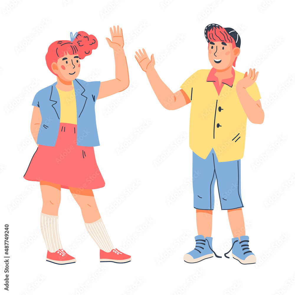 Boy and girl greeting with high five gesture, flat cartoon vector illustration isolated on white background. Children smiling and gesturing in sign of greeting, support and welcoming. Boy and girl greeting with high five gesture, flat cartoon vector illustration isolated on white background. Children smiling and gesturing in sign of greeting, support and welcoming.