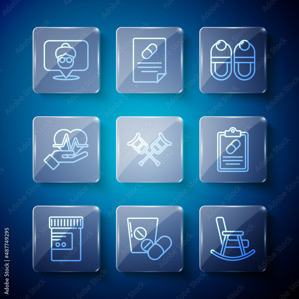 Set line Medicine bottle and pills, or tablet, Rocking chair, Slippers, Crutch crutches, Heart rate, Nursing home and Medical prescription icon. Vector Set line Medicine bottle and pills, or tablet, Rocking chair, Slippers, Crutch crutches, Heart rate, Nursing home and Medical prescription icon. Vector