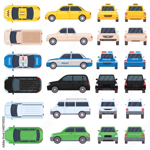 Flat cars, police and taxi top, side, back and front view. Cartoon auto transport, pickup, suv and minivan views. Vehicle behind vector set