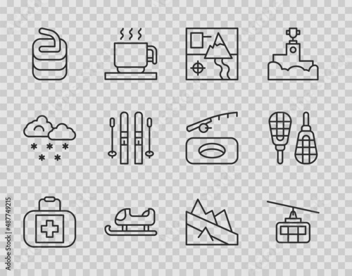 Set line First aid kit, Cable car, Folded map, Sled, Stone for curling, Ski and sticks, Mountain descent and Snowshoes icon. Vector