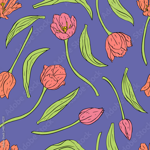 Vintage seamless pattern with pink tulips flowers and leaves on blue background