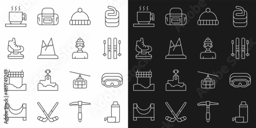 Set line Thermos container, Ski goggles, and sticks, Winter hat, Mountains, Skates, Hot chocolate cup and athlete icon. Vector