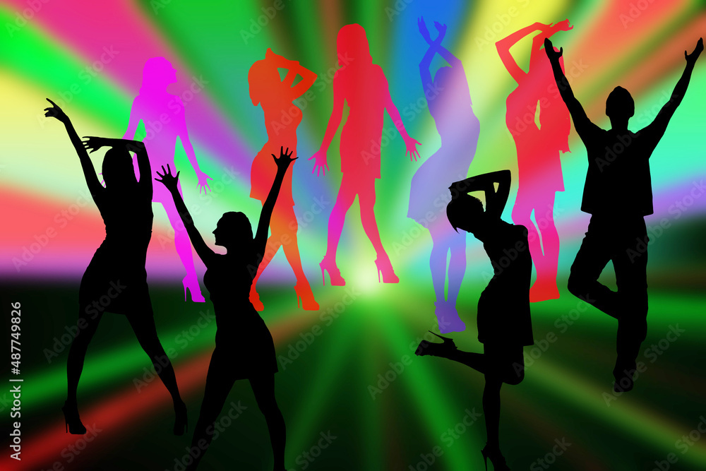 Silhouettes of young people dancing in a disco on the background of a laser show. Silhouettes of young people dancing in a disco on the background of a laser show.