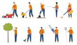 Flat garden workers with equipment trimming tree and grass. Professional lawn mowing and care maintenance. Gardeners with tools vector set