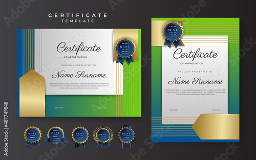 Blue and green certificate of achievement border template with luxury badge and modern line pattern. For award, business, and education needs