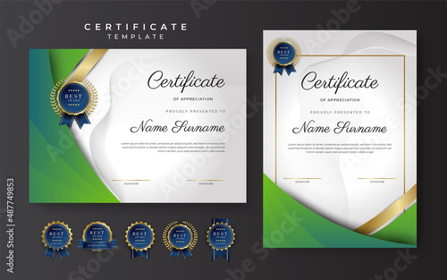 Blue and green certificate of achievement border template with luxury badge and modern line pattern. For award, business, and education needs