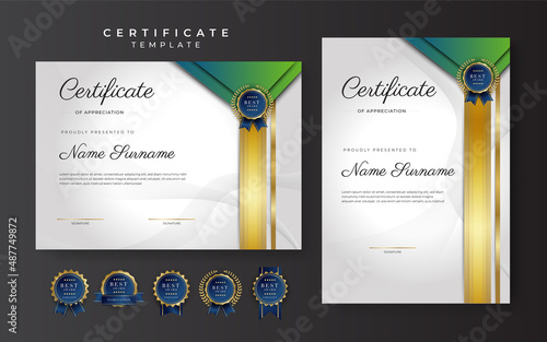 Blue and green certificate of achievement border template with luxury badge and modern line pattern. For award, business, and education needs