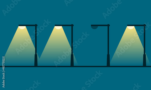 Electric streetlight bulb poles illuminated yellow light with broken worn-out streetlight pole power outage on dark blue background flat vector icon design.