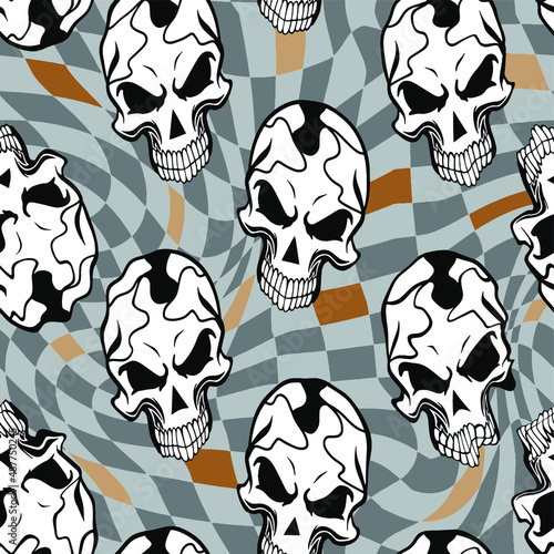 Abstract Hand Drawing Grunge Skulls Seamless Vector Pattern with Retro Checkered Optical Squares Background