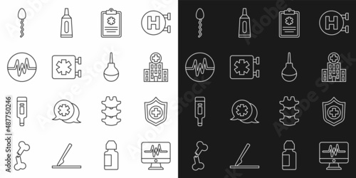 Set line Monitor with cardiogram, Life insurance in hand, Medical hospital building, Clinical record, symbol of the Emergency, Heart rate, Sperm and Enema icon. Vector