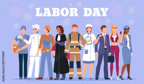 Happy labor day poster with people workers in profession uniform. International job work holiday. Diverse characters employee vector banner