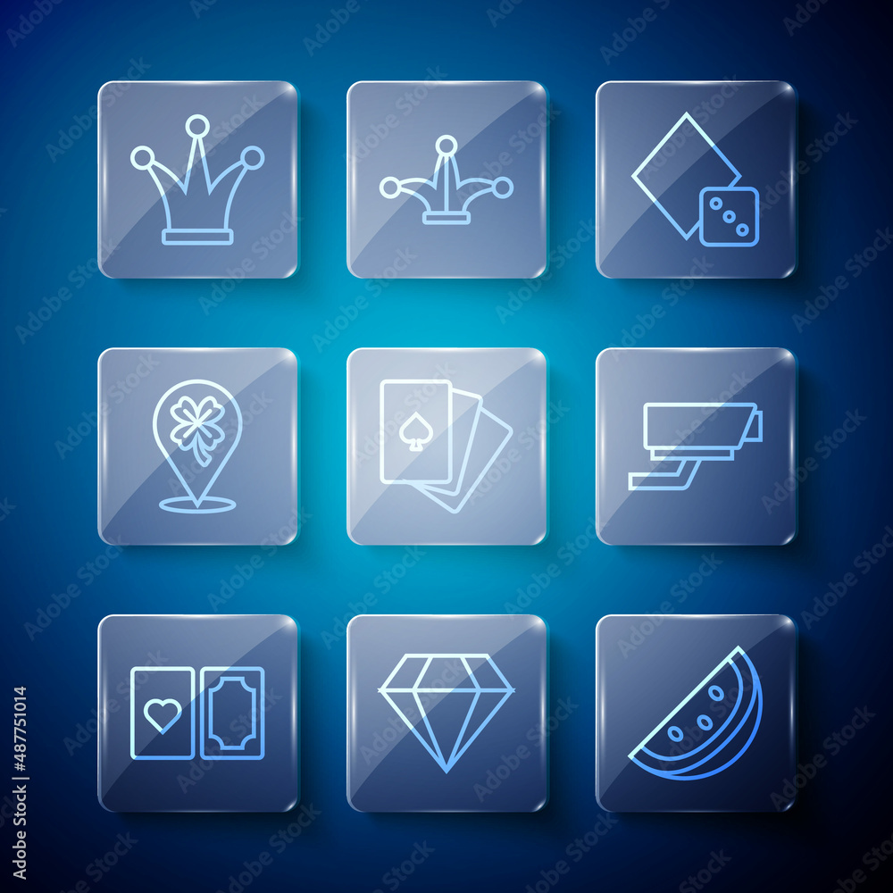 Set line Deck of playing cards, Diamond, Casino slot machine with watermelon, Game dice, clover, Joker and Security camera icon. Vector Set line Deck of playing cards, Diamond, Casino slot machine with watermelon, Game dice, clover, Joker and Security camera icon. Vector