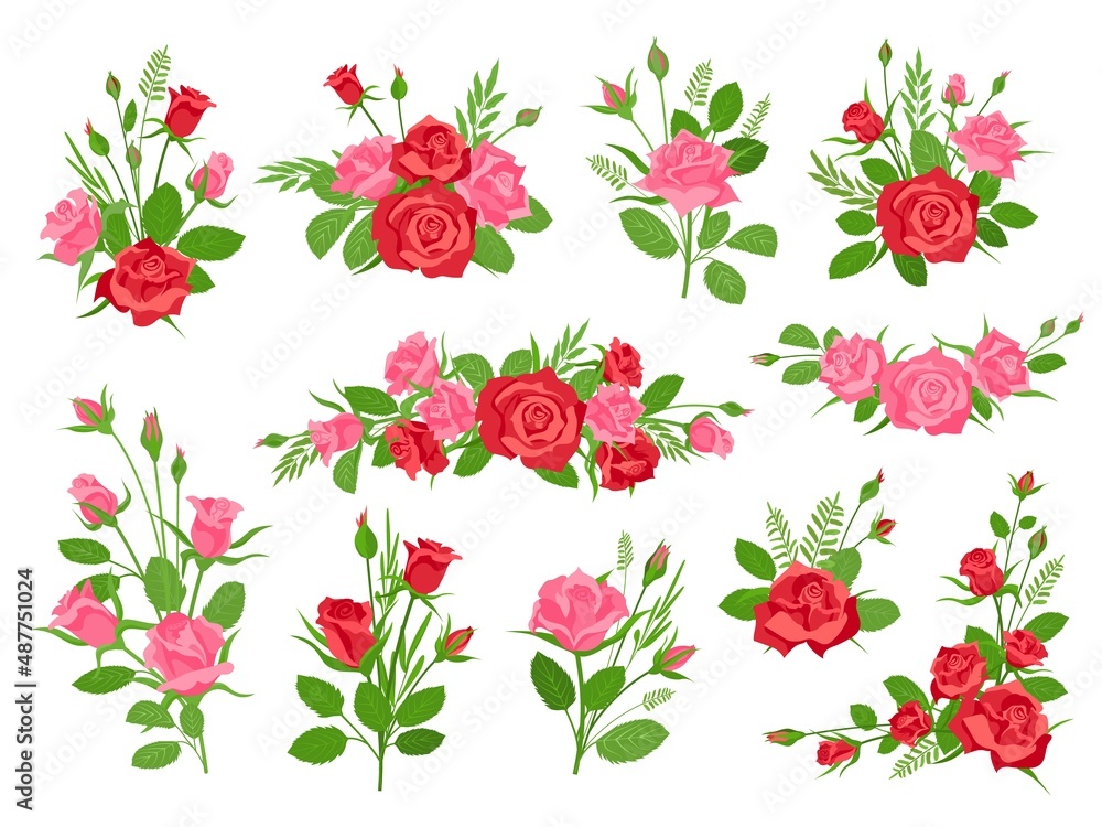 Cartoon pink and red rose floral bouquets with leaves and grass. Vintage romantic bouquet with flowers and buds. Roses decoration vector set Cartoon pink and red rose floral bouquets with leaves and grass. Vintage romantic bouquet with flowers and buds. Roses decoration vector set