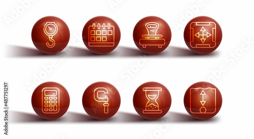 Set line Hand scale spring mechanical, Calculator, Area measurement, Old hourglass with sand, Micrometer, Calendar, Depth and Scales icon. Vector
