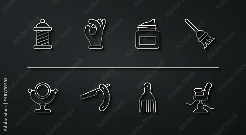 Set line Barber shop pole, Round makeup mirror, Mop, Barrette, Straight razor, Medical rubber gloves, Barbershop chair and Cream cosmetic jar icon. Vector Set line Barber shop pole, Round makeup mirror, Mop, Barrette, Straight razor, Medical rubber gloves, Barbershop chair and Cream cosmetic jar icon. Vector