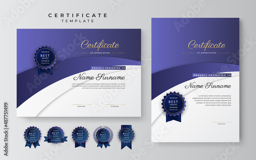 Purple and violet neon 2022 certificate of achievement border template with luxury badge and modern line pattern. For award, business, and education needs