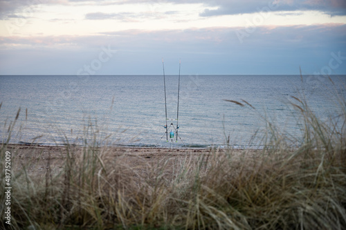 zwei angelruten stehen am strand des meeres zum angeln mit d  nengras im vordergrund und copy space