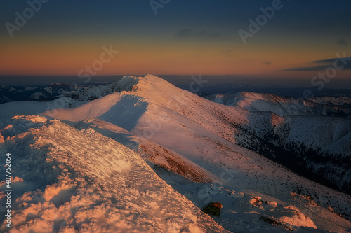 view of Dumbier during sunset from Chopok in Low Tatras, beautiful Slovak unspoilt nature, a wonderful destination for vacation and relaxation